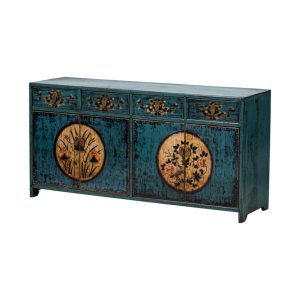 Aparador diseño oriental madera azul verdoso con desgastes y dibujos orientales flores 1