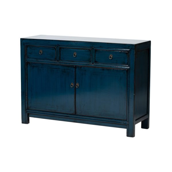 Aparador diseño vintage oriental madera azul oscuro con desgastes 1