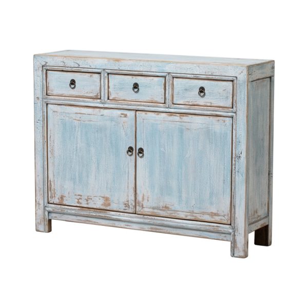 Aparador diseño rústico oriental madera olmo azul claro con desgastes 1