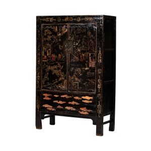 Armario diseño oriental madera antigua negro con dibujos florales y desgastes 1
