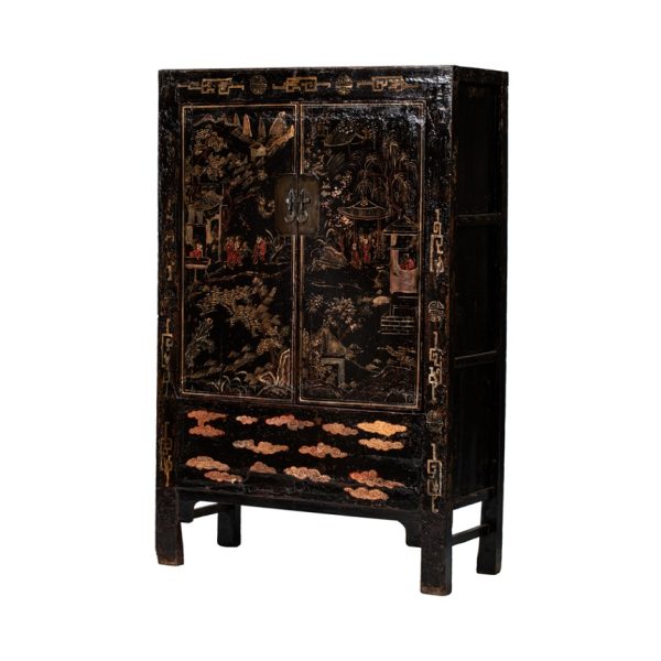 Armario diseño oriental madera antigua negro con dibujos florales y desgastes 1
