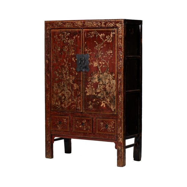 Armario diseño oriental madera antigua rojo y dibujos orientales dorados 1