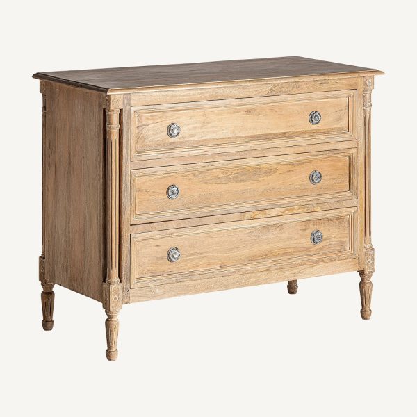 Cómoda de diseño clásico 110 madera de mango acabado natural con 3 cajones y tallas florales 2
