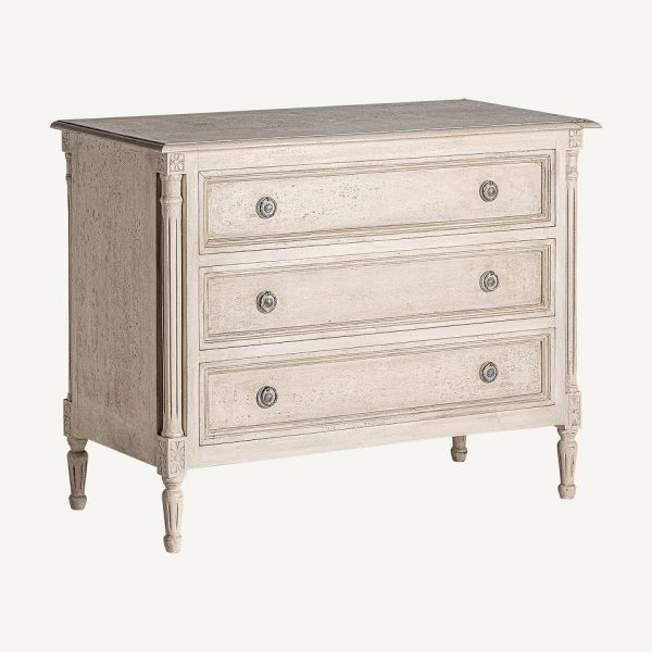 Cómoda de diseño clásico provenzal PISEK 110 madera de mango blanco roto decapado con 3 cajones y tallas florales 2