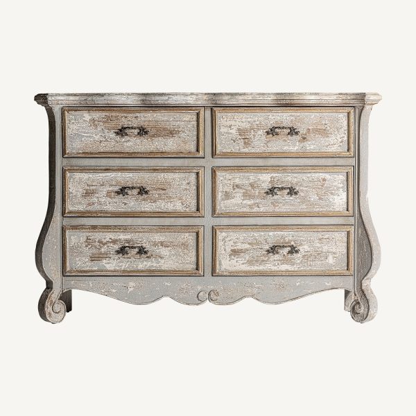Cómoda de diseño clásico vintage 134 madera de abeto acabado envejecido 6 cajones