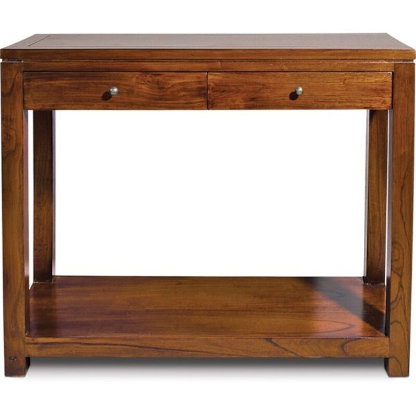Consola de diseño rústico colonial 120 madera de mindi acabado natural con 2 cajones y balda inferior