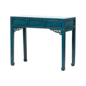 Consola diseño vintage oriental madera antigua azul con desagastes y tallas 1
