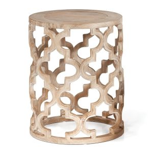 Mesa auxiliar redonda diseño rústico colonial madera acabado natural con tallas geométricas