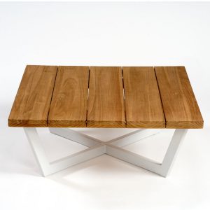 Mesa de centro cuadrada para exterior pata aluminio color piedra y tablero madera natural