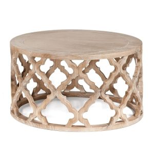 Mesa de centro redonda diseño rústico colonial madera acabado natural con tallas geométricas