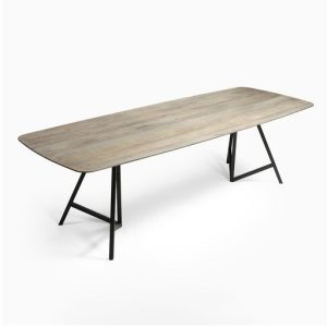 Mesa de comedor gran tamaño diseño industrial madera roble grisáceo y metal negro 1