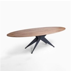 Mesa de comedor ovalada gran tamaño diseño industrial madera de roble y pata central metal negro 1