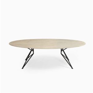 Mesa de comedor ovalada gran tamaño madera roble blanqueado y patas metal negro 1