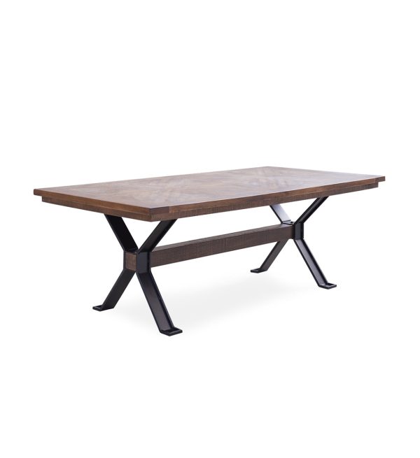 Mesa de comedor rectangular de diseño moderno industrial madera de acacia madera de mango patas cruzadas de hierro