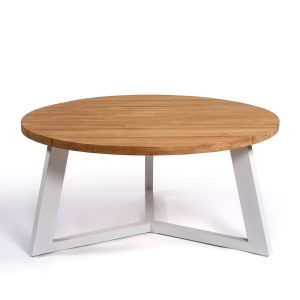 Preciosa y robusta mesa de centro cuadrada para exterior, de diseño rústico e inspiración moderna, fabricada en madera de teka con bonito acabado en color natural y pata de aluminio en color piedra