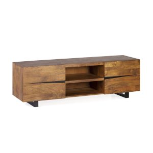 Mueble de televisión de diseño moderno industrial madera de mango maciza y hierro color negro