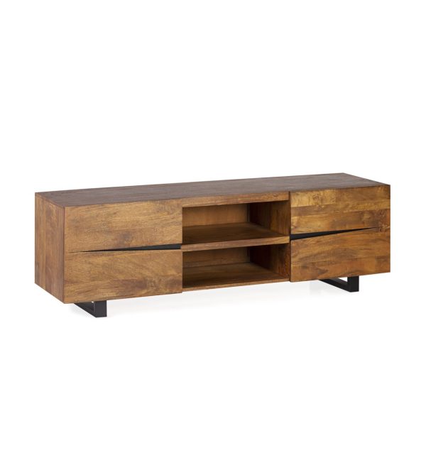 Mueble de televisión de diseño moderno industrial madera de mango maciza y hierro color negro