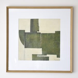 Pintura sobre lienzo acrílico diseño abstracto tonos verdes y crema con paspartú cristal y marco acabado madera 2