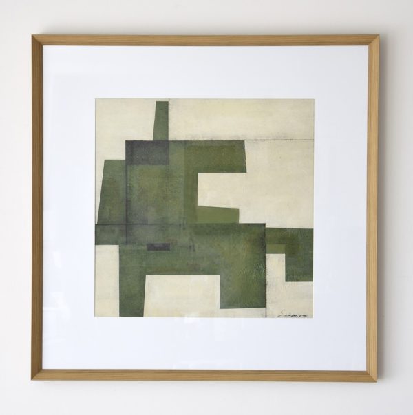 Pintura sobre lienzo acrílico diseño abstracto tonos verdes y crema con paspartú cristal y marco acabado madera