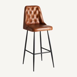 Taburete alto de diseño vintage DEXTER piel marrón con capitoné y patas de hierro negro