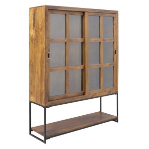 Vitrina de diseño moderno industrial madera de mango y hierro puertas correderas estantes y balda inferior