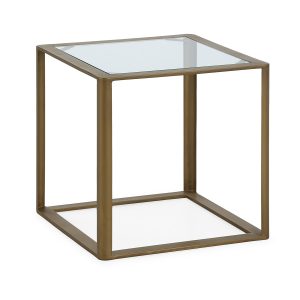 Mesa auxiliar cuadrada de diseño vintage 50 metal dorado y cristal transparente
