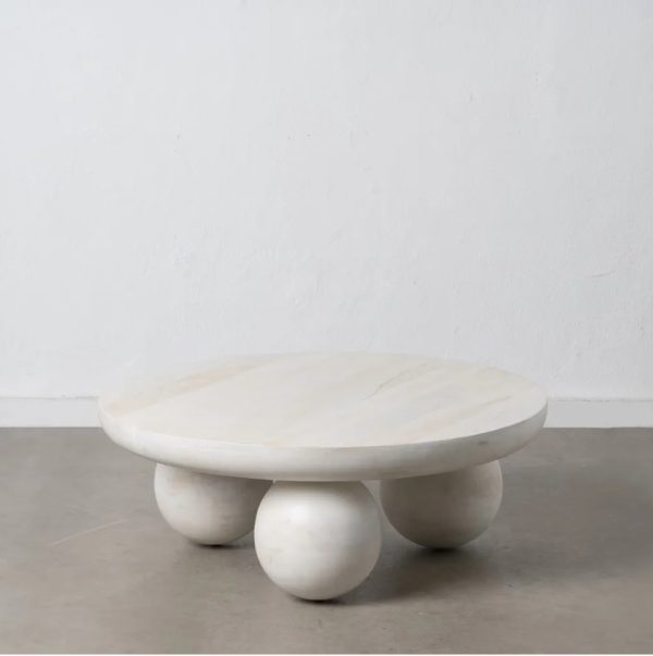 Mesa de centro redonda diseño rústico moderno madera blanco rozado 3 patas esféricas