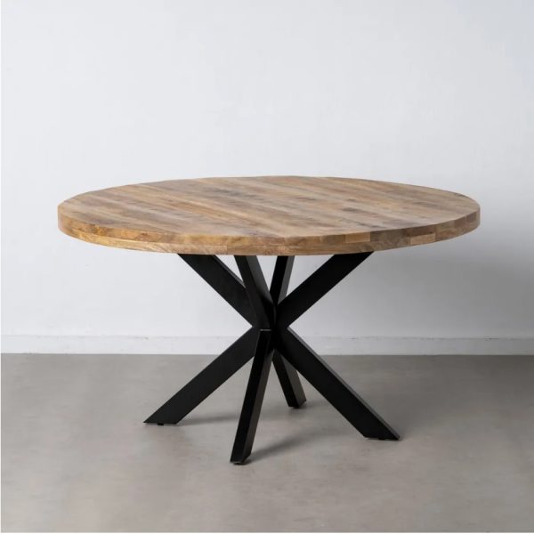 Mesa de comedor redonda diseño rústico industrial madera de mango y patas de hierro