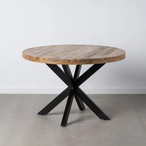 Mesa de comedor redonda diseño rústico industrial madera de mango y patas hierro negro