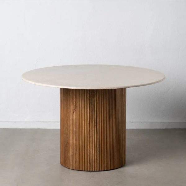 Mesa de comedor redonda diseño vintage sobre mármol blanco y pata cilindro estriado madera
