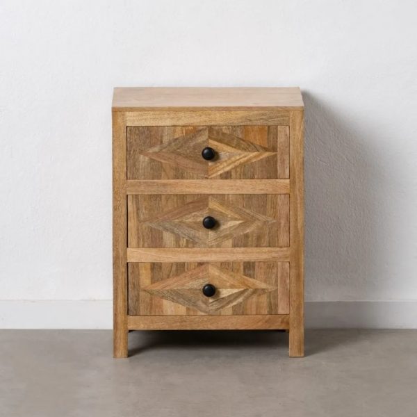 Mesita de noche diseño rústico vintage madera de mango 3 cajones dibujos geométricos