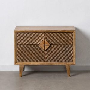 Mesita de noche diseño rústico vintage madera de mango con tallas cajón y tirador rombo