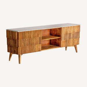 Mueble de televisión de diseño contemporáneo PLISSÉ WOOD madera de mango y mármol color blanco 2