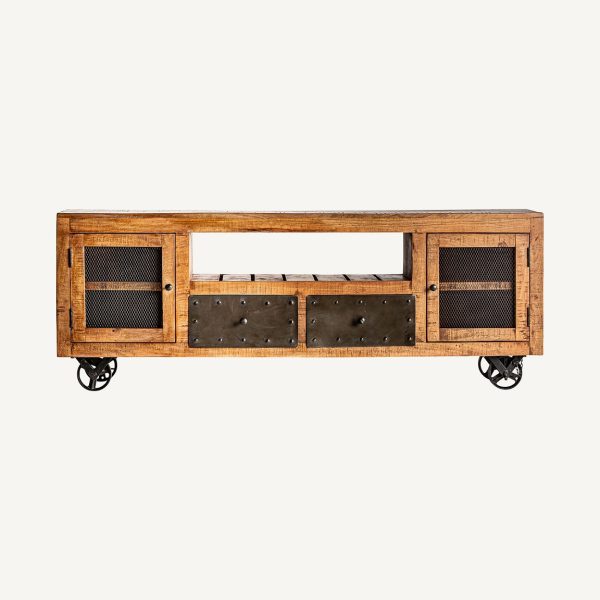 Mueble de televisión de diseño rústico industrial ANTRIM madera de mango acabado natural claro y hierro color negro