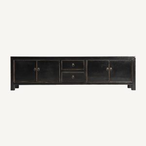 Mueble de televisión de diseño rústico oriental HERBORN 220 madera reciclada acabado color negro efecto envejecido