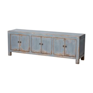 Mueble televisión 6 puertas diseño rústico oriental madera azul grisáceo con desgastes