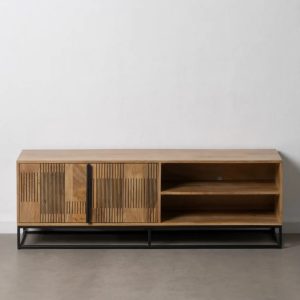 Mueble televisión diseño vintage industrial madera de mango y patas de hierro negro dibujos puertas