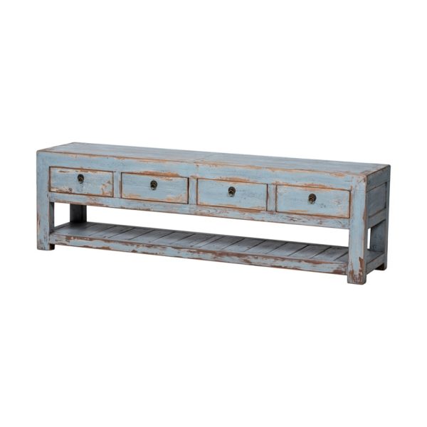 Mueble televisión gran tamaño diseño rústico oriental madera con desgastes color azul grisáceo