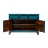 Aparador diseño vintage oriental madera antigua acabado azul brillo con desgastes