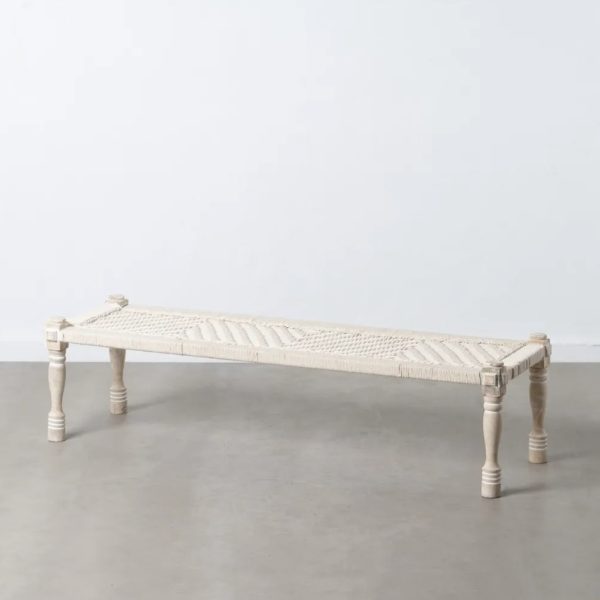 Banco diseño rústico vintage madera blanco y asiento cuerda blanca trenzada