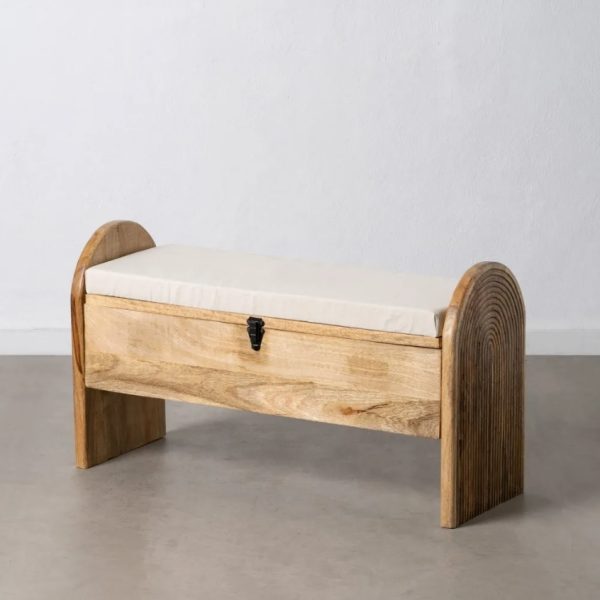 Baúl banqueta diseño vintage madera con tallas y asiento tapizado