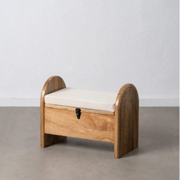 Baúl banqueta diseño vintage madera de mango con tallas y asiento tapizado en tela