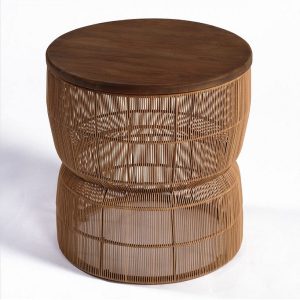 Mesa auxiliar para exterior base cuerda sintética color natural y sobre madera de teka color natural