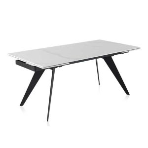 Mesa comedor extensible diseño moderno 160 a 210 porcelánico blanco y metal negro
