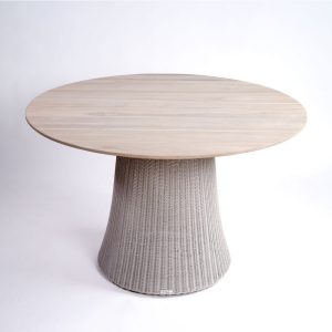 Mesa comedor para exterior redonda madera de teka envejecida y pie central ratán sintético gris claro