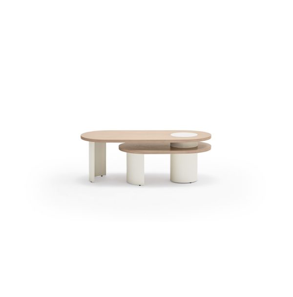 Mesa de centro de diseño moderno nórdico NORI 120_85 madera de fresno acabado natural claro y crema