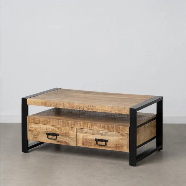 Mesa de centro diseño industrial madera de mango con hierro negro 2 cajones