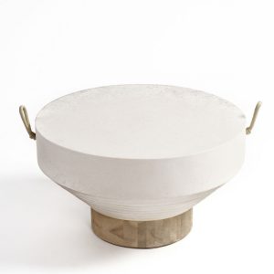 Mesa de centro redonda para exterior cemento blanco con base de madera de teca envejecida