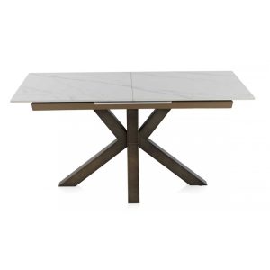 Mesa de comedor extensible diseño moderno porcelánico efecto mármol y patas metal cobre
