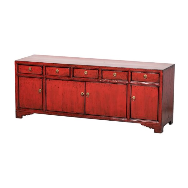 Mueble de televisión diseño oriental madera antigua color rojo con desgastes